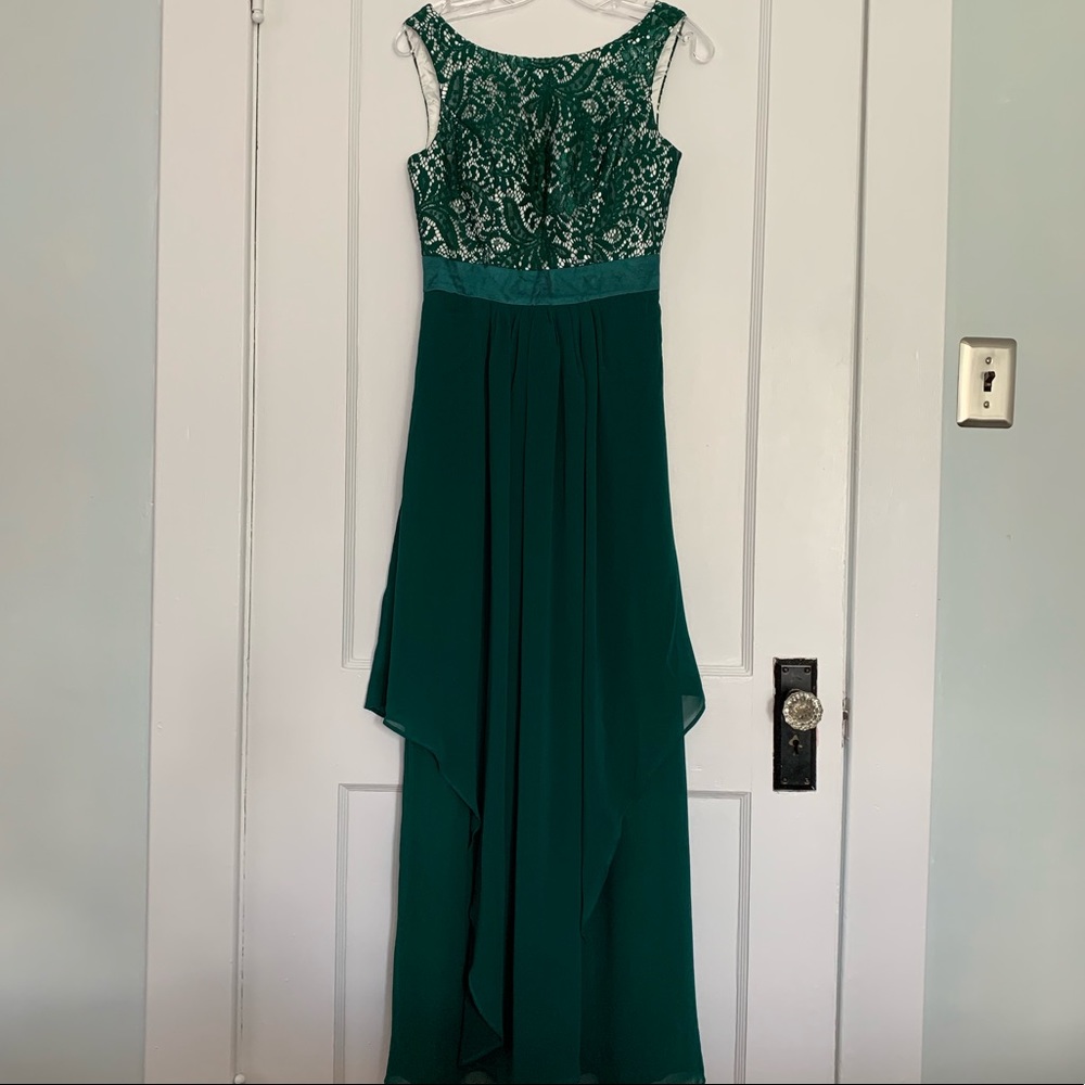 Dark green lace and chiffon evening gown
